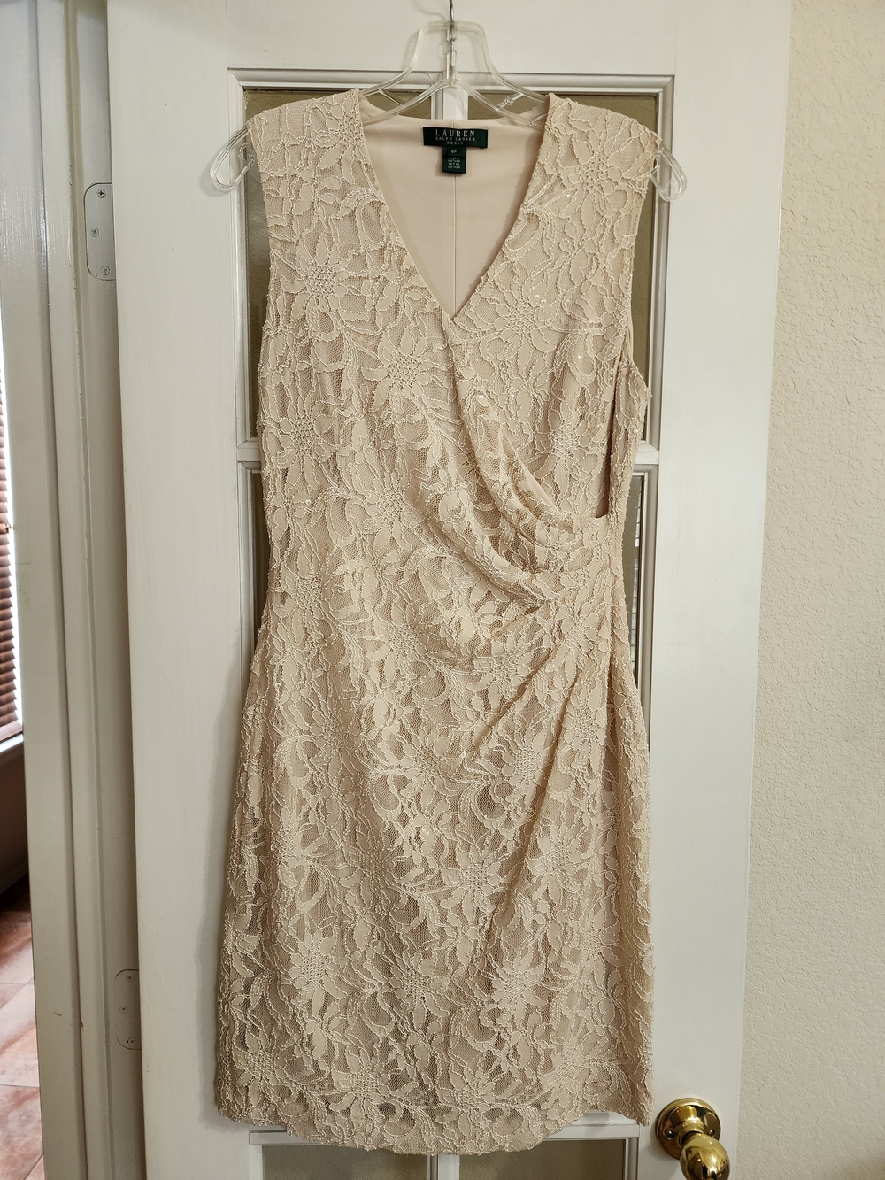 Lauren Ralph Lauren 8P Champagne Sequin Lace Draped Cocktail Dress Petite